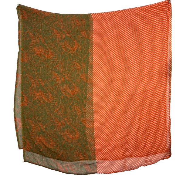 Scarf Wrap Shawl Polka Dot Floral Semi-Sheer XL Long Orange Green Vtg - Picture 4 of 8